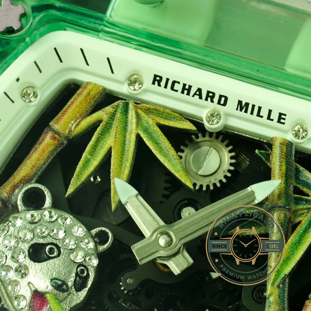 Richard Mille replicas RM 26-01 Panda Tourbillon crown detail on full crystal case – richard mille replicas