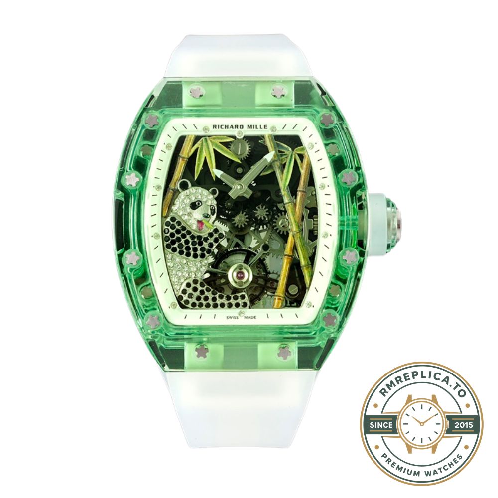 Luxury replica Richard Mille RM 26-01 Panda Tourbillon watch with full crystal case and white rubber strap front view – richard mille replica
