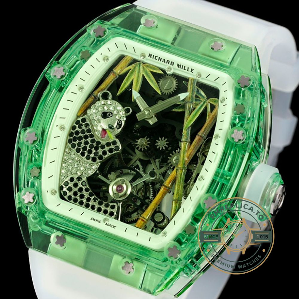 Richard Mille replica for sale RM 26-01 Panda Tourbillon on wrist with full crystal case and skeleton dial – richard mille replica for sale