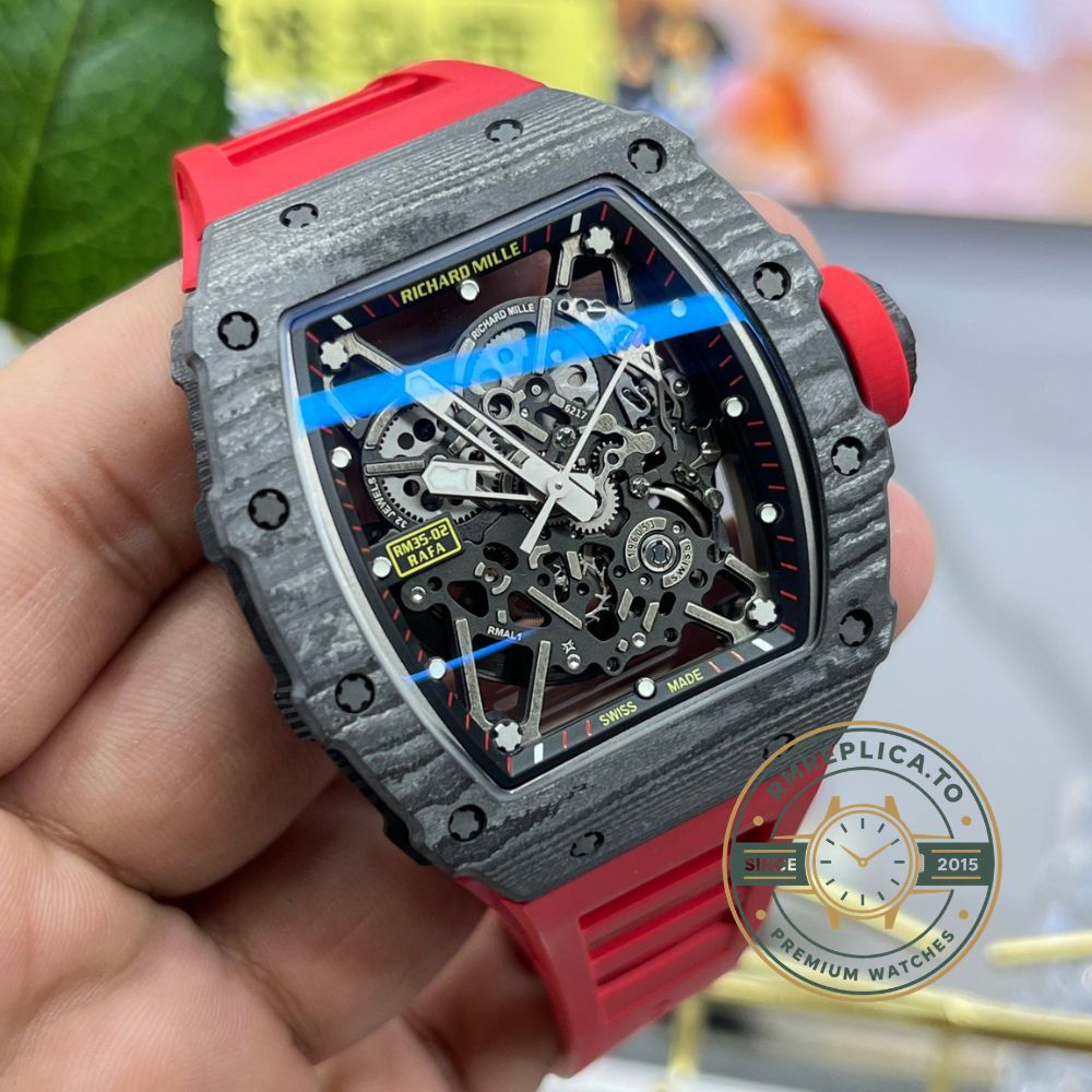 Richard Mille RM35-02 Rafa carbon fiber case black skeleton dial red rubber strap front view – richard mille replica