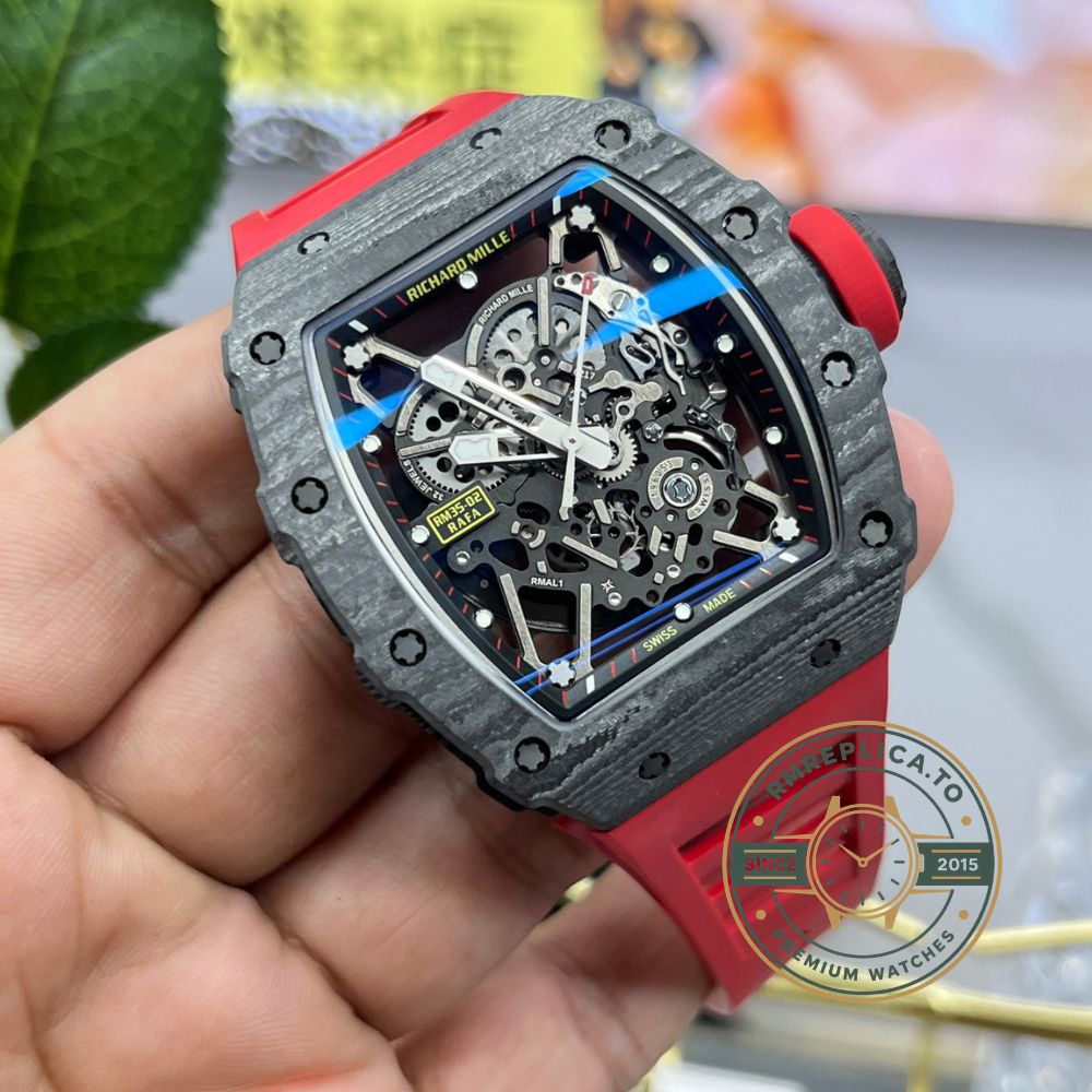 Richard Mille RM35-02 Rafa carbon fiber case red rubber strap exhibition caseback movement detail view – richard mille super clone