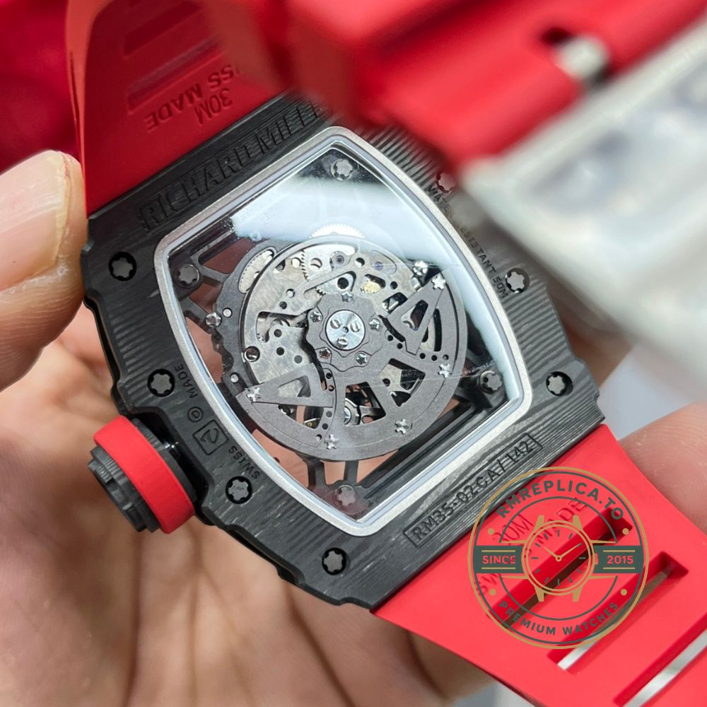 Richard Mille RM35-02 Rafa red rubber strap folding clasp detail view – fake richard mille