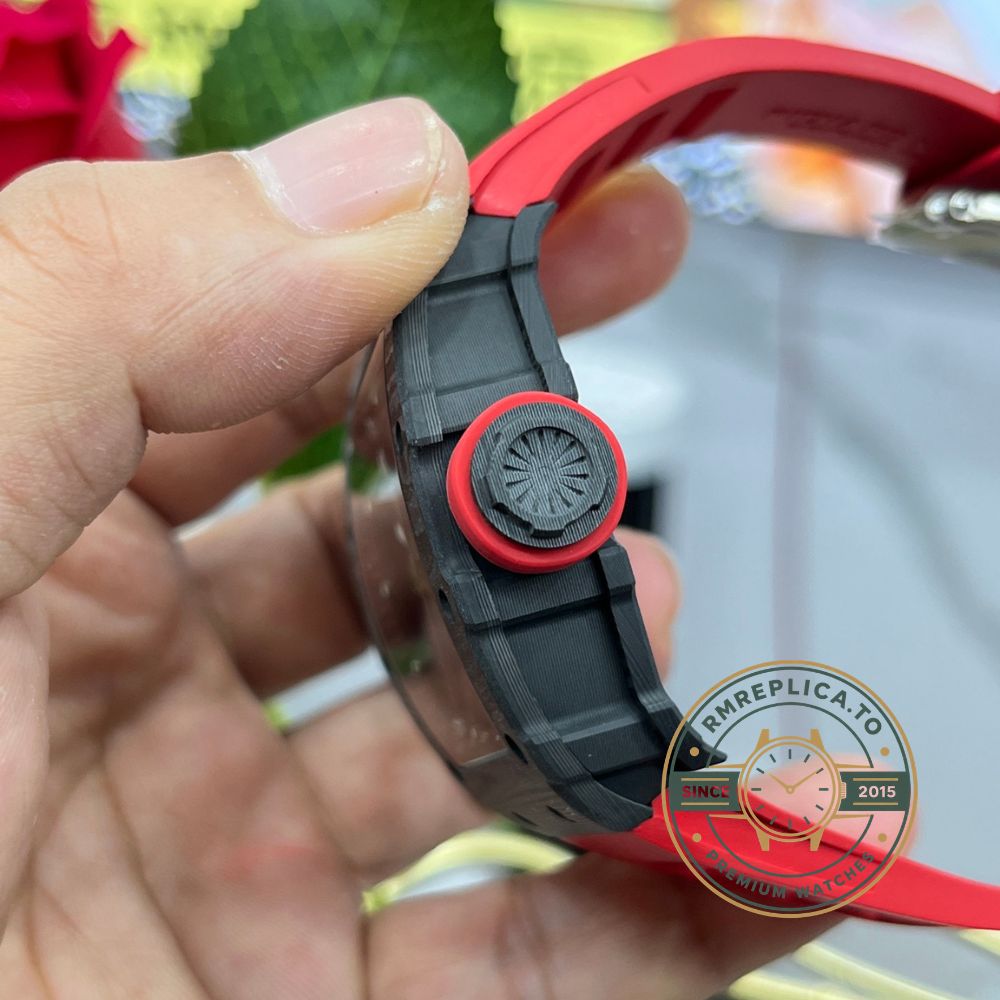 Richard Mille RM35-02 Rafa carbon fiber case black skeleton dial red rubber strap angled side view handheld display – replica richard mille watch