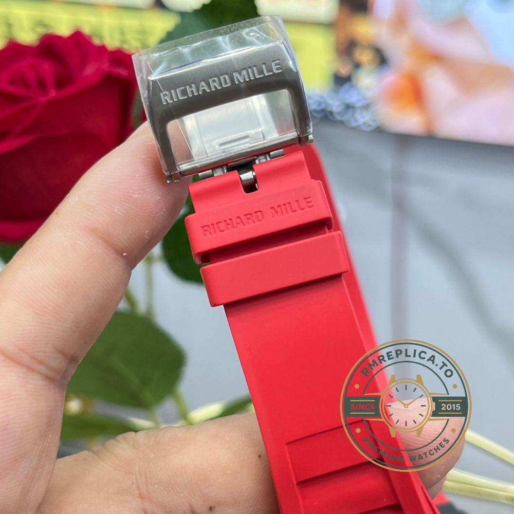 Richard Mille RM35-02 Rafa carbon fiber case red rubber strap red and black crown side detail view – richard mille clone