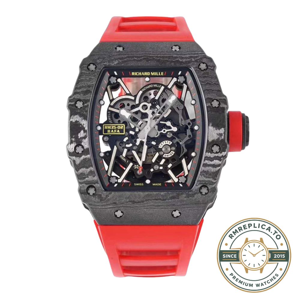 Richard Mille RM35-02 Rafa carbon fiber case black skeleton dial red rubber strap angled front view handheld display – best richard mille replica