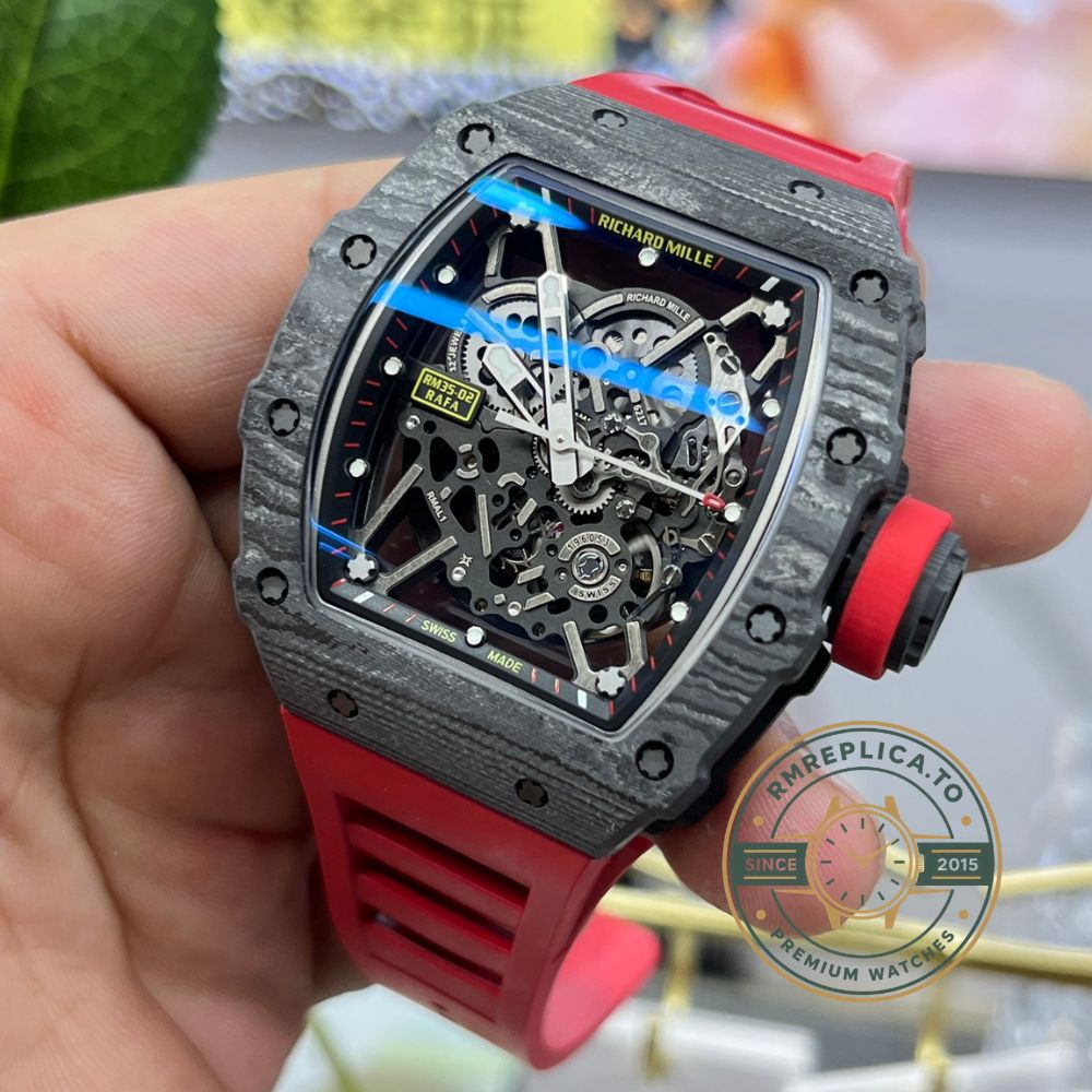 Richard Mille RM35-02 Rafa carbon fiber case black skeleton dial red rubber strap front view handheld display – richard mille replicas