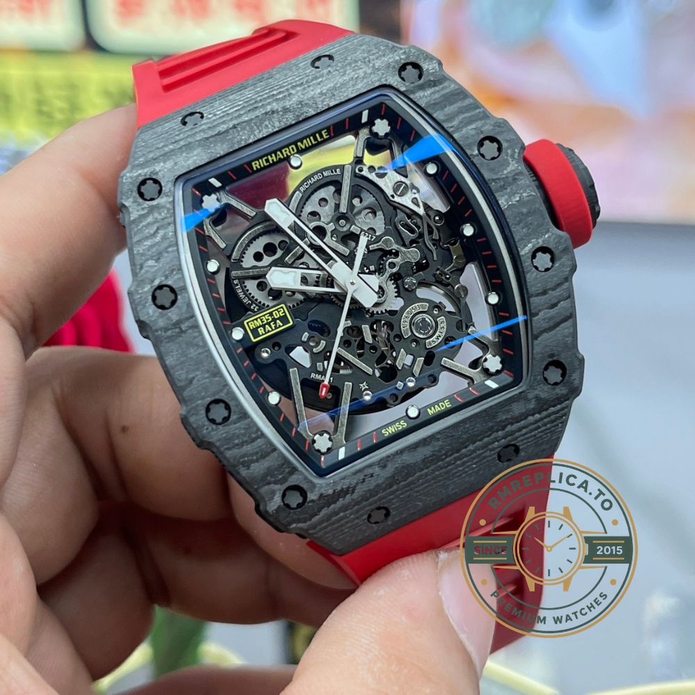 Richard Mille RM35-02 Rafa carbon fiber case black skeleton dial red rubber strap side angle view handheld detail display – richard mille swiss replicas