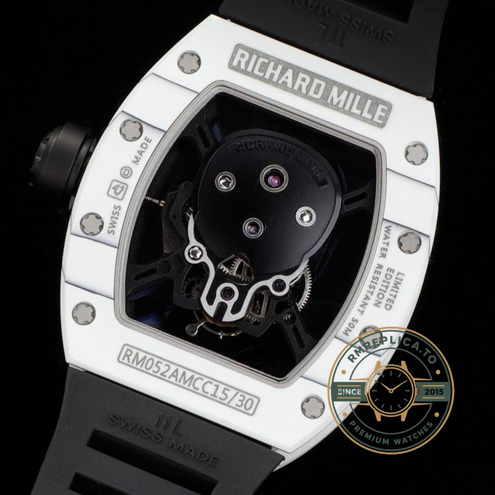 Richard Mille RM52-01 skull tourbillon super clone replica watch white carbon TPT skeleton dial front view – richard mille replica