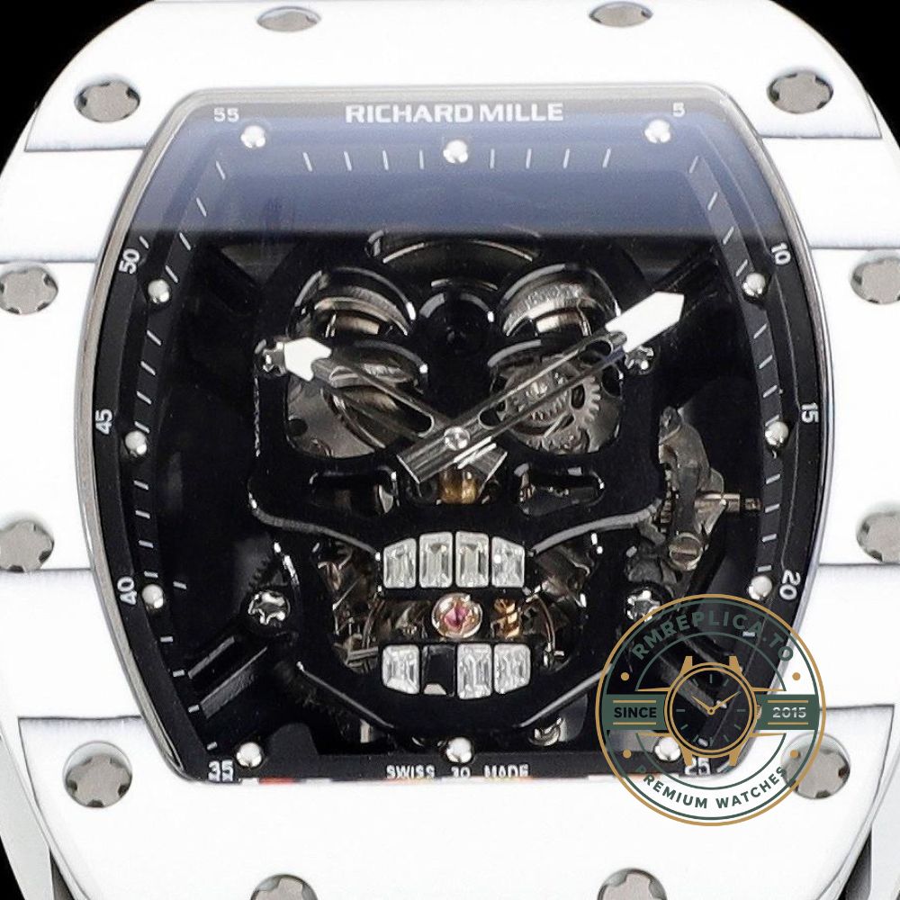 Richard Mille RM52-01 white carbon TPT skull tourbillon super clone angled view with skeleton dial – richard mille super clone