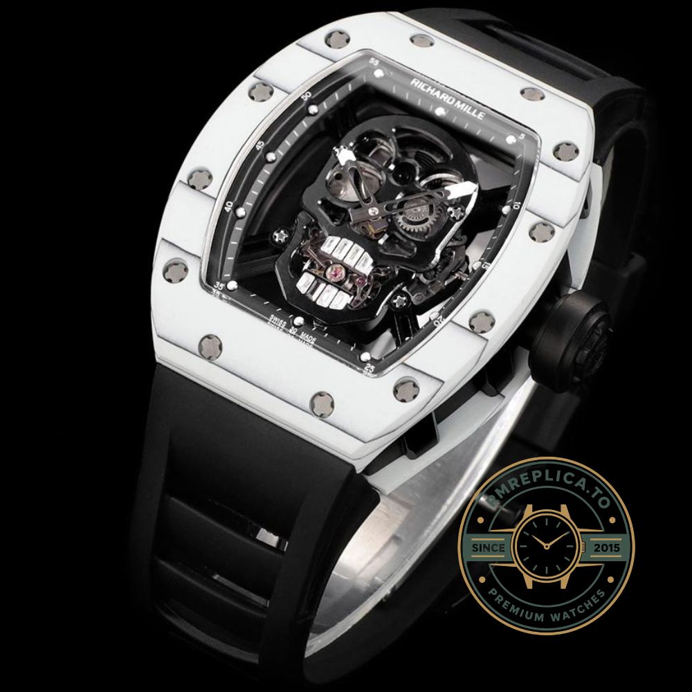 Fake Richard Mille RM52-01 white carbon TPT skull tourbillon side view with black rubber strap – fake richard mille