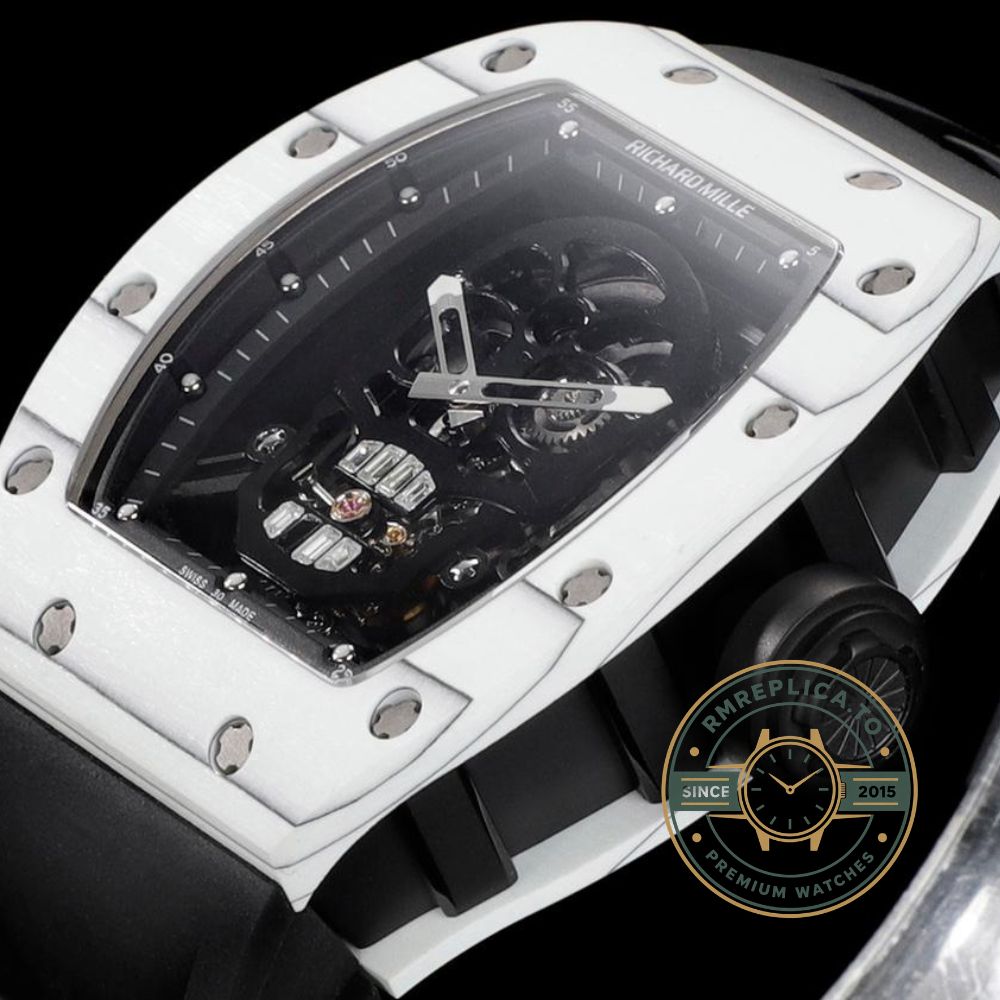 Replica Richard Mille watch RM52-01 skull tourbillon caseback movement detail showing tourbillon and ruby bearing – replica richard mille watch