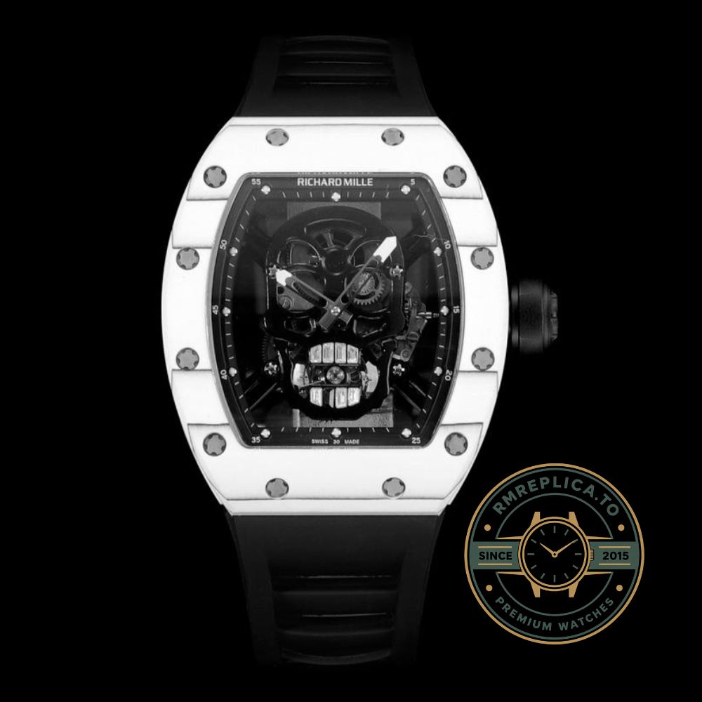 Richard Mille clone RM52-01 skull tourbillon skeleton dial close-up detail with white carbon TPT case – richard mille clone