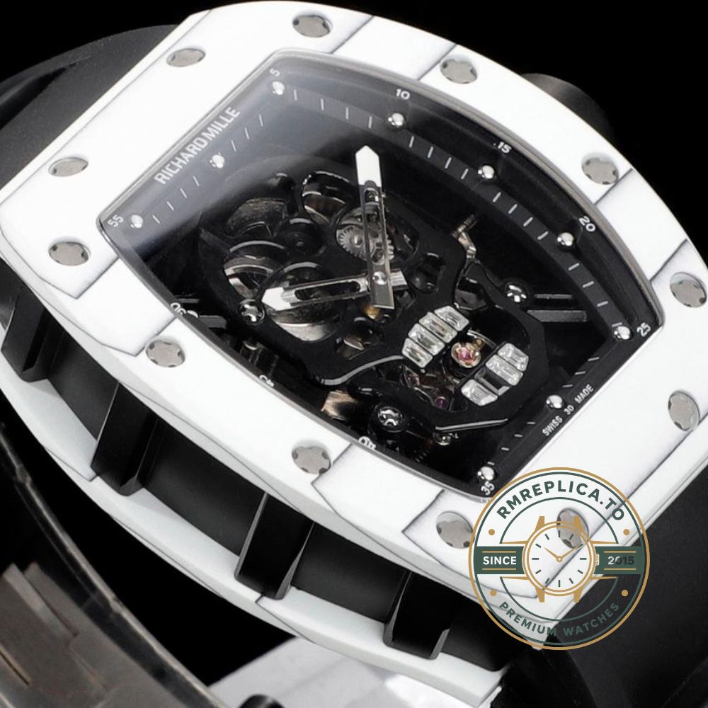 Richard Mille replica for sale RM52-01 skull tourbillon white carbon TPT skeleton dial on black background – richard mille replica for sale