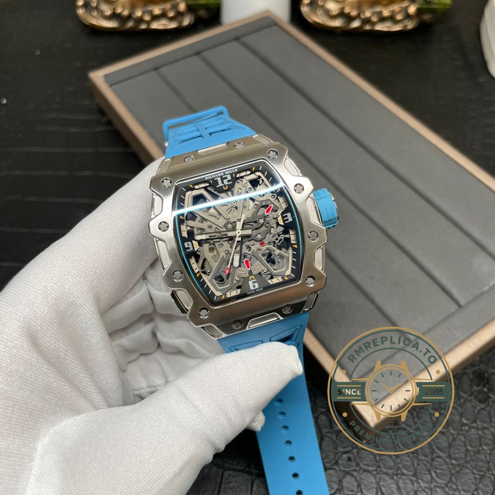 Richard Mille RM 35-03 Rafael Nadal super clone angled view with stainless steel case and blue rubber strap – richard mille super clone