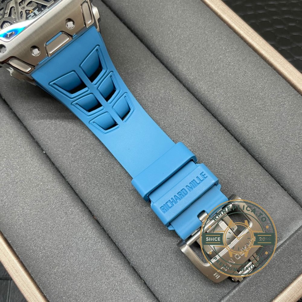 Richard Mille swiss replicas RM 35-03 Rafael Nadal blue rubber strap buckle detail – richard mille swiss replicas