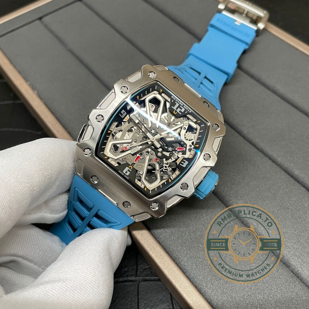 Richard Mille replica for sale RM 35-03 Rafael Nadal on wrist with skeleton dial and blue strap – richard mille replica for sale