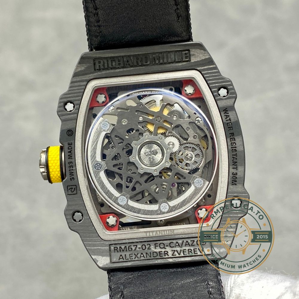 Richard Mille RM67-02 carbon fiber multicolor skeleton handheld detail view luxury watch – fake richard mille