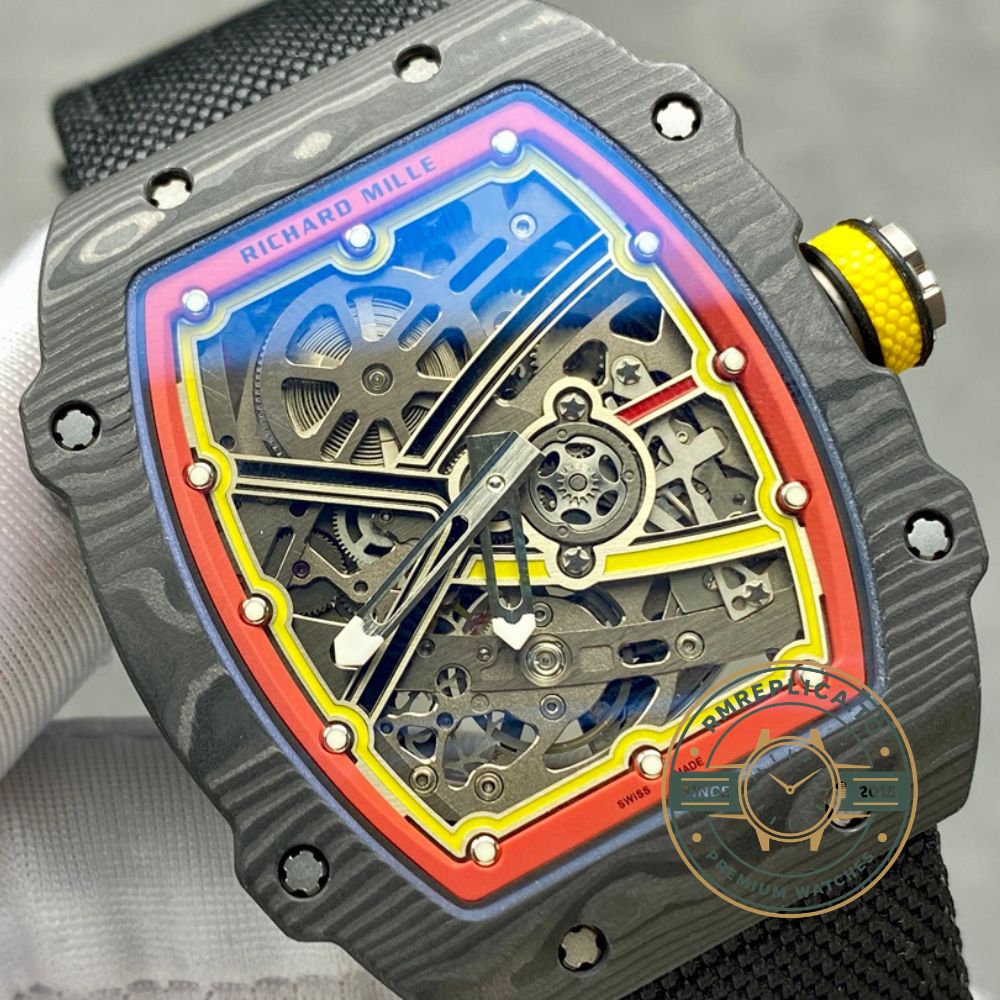 Richard Mille RM67-02 carbon fiber multicolor skeleton dial close-up detail luxury watch – replica richard mille watch