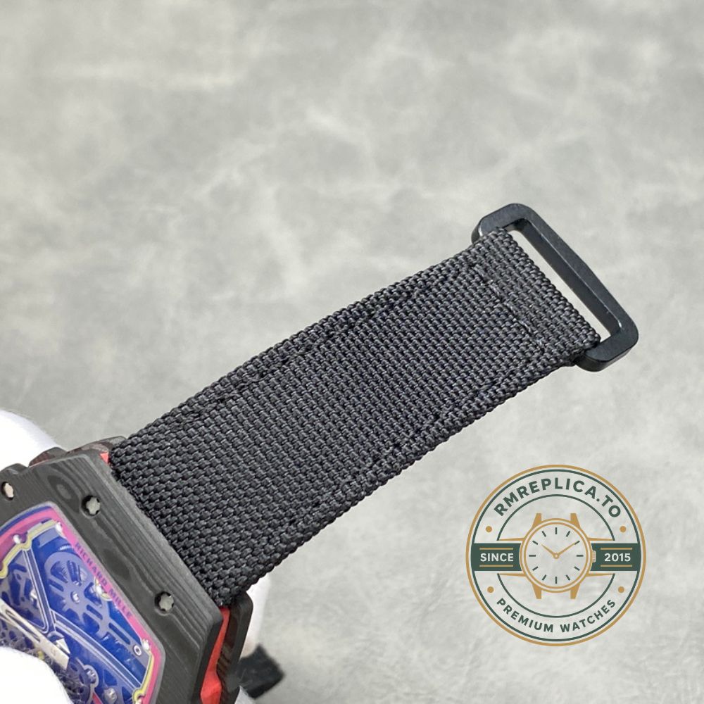 Richard Mille RM67-02 carbon fiber multicolor skeleton dial angled detail luxury watch – richard mille clone