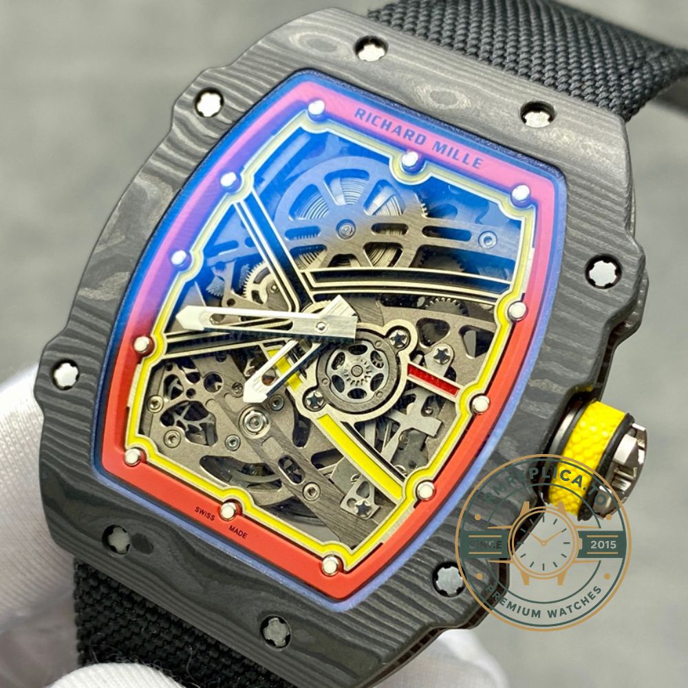 Richard Mille RM67-02 carbon fiber multicolor skeleton measurement detail case size luxury watch – best richard mille replica