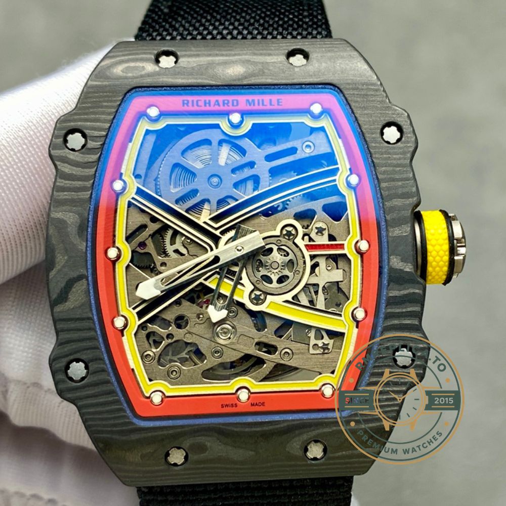 Richard Mille RM67-02 carbon fiber black red transparent caseback skeleton movement detail luxury watch – richard mille swiss replicas