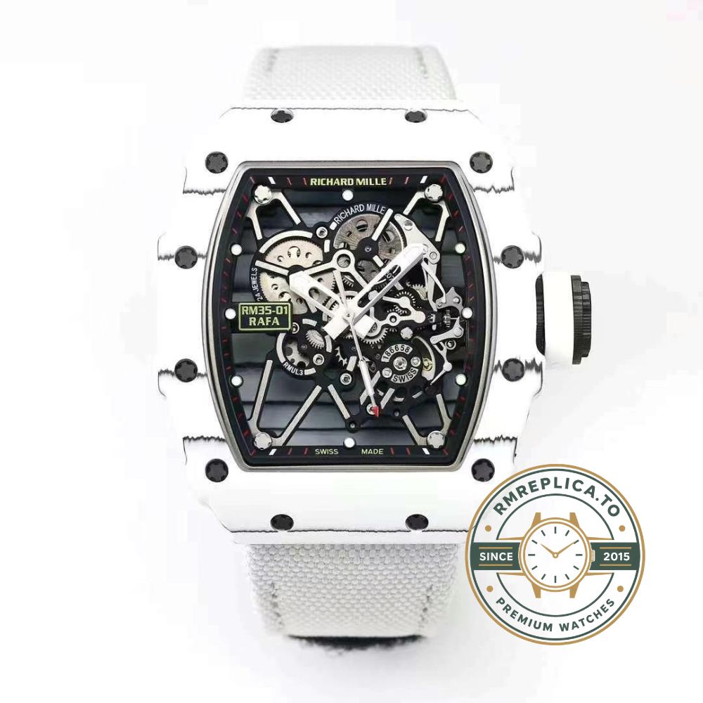 Replica Richard Mille watch RM35-01 Rafael Nadal skeleton movement detail with RMUL3-style caliber and white jewel shock absorbers – replica richard mille watch