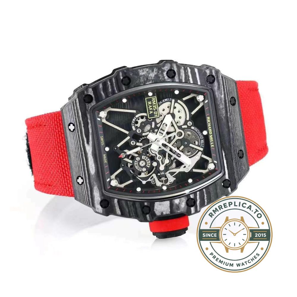 Best Swiss Replica Richard Mille RM 35-01 Rafael Nadal Watch – Carbon Fiber Case red strap front view – richard mille replica