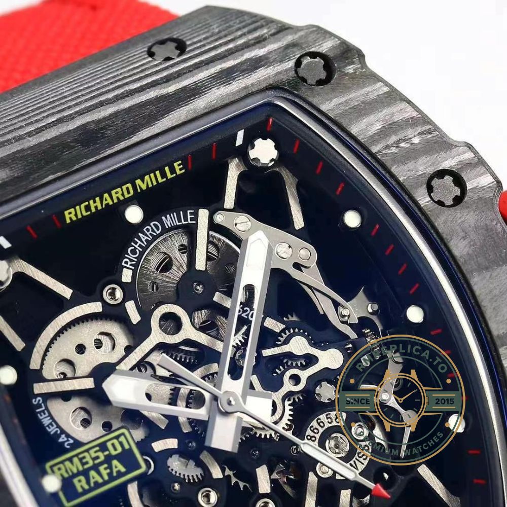 Richard Mille RM 35-01 Rafael Nadal super clone carbon fiber case red strap angled side view – richard mille super clone