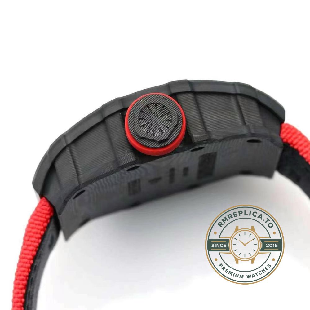 Fake Richard Mille RM 35-01 Rafael Nadal carbon fiber case red strap dial close-up detail – fake richard mille