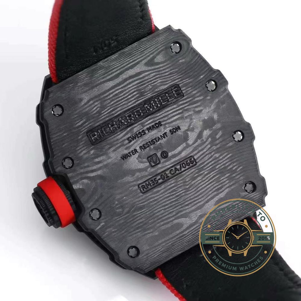 Replica Richard Mille watch RM 35-01 Rafael Nadal carbon fiber case red strap movement detail close-up – replica richard mille watch