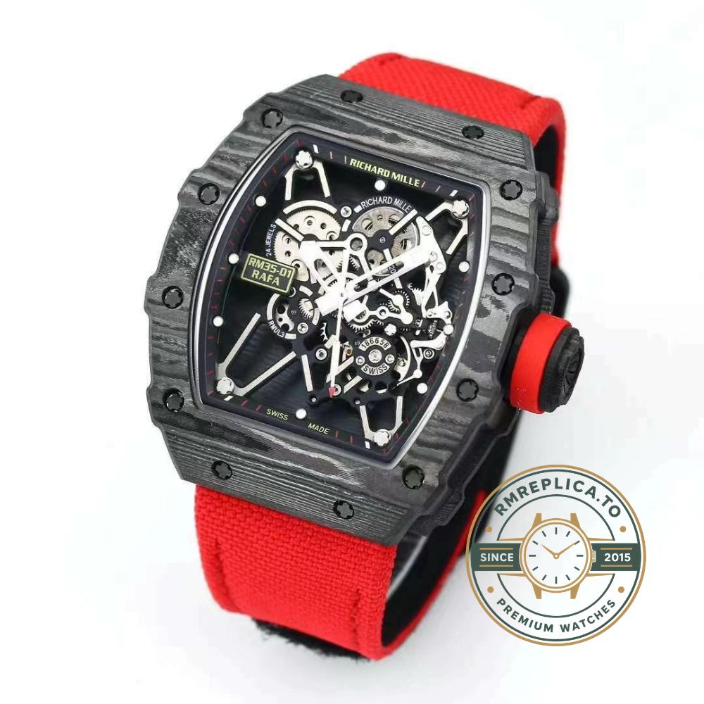 Richard Mille clone RM 35-01 Rafael Nadal carbon fiber case red strap horizontal front view – richard mille clone