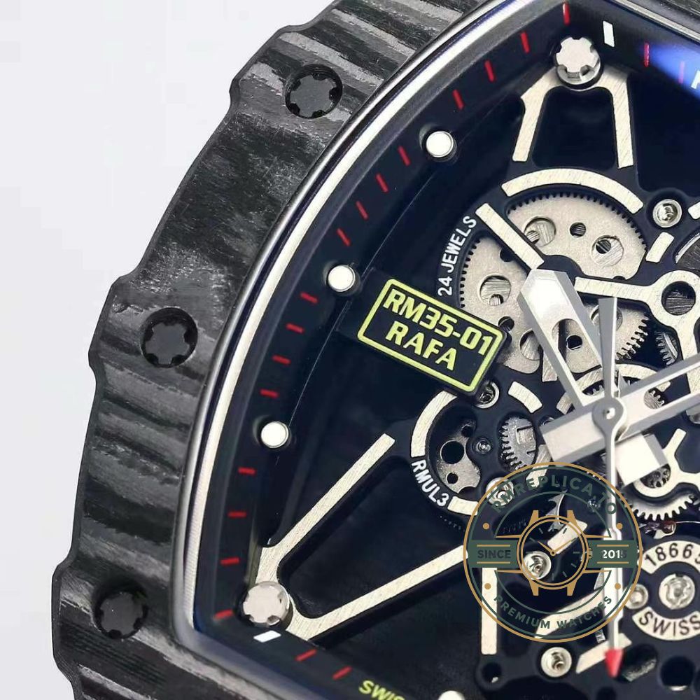Imitation Richard Mille RM 35-01 Rafael Nadal carbon fiber case red strap buckle and strap detail – imitation richard mille