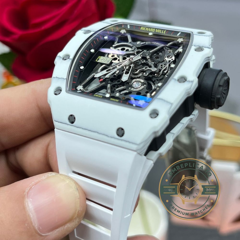 Best replica Richard Mille RM35-01 white carbon case black skeleton dial white rubber strap front view – richard mille replica