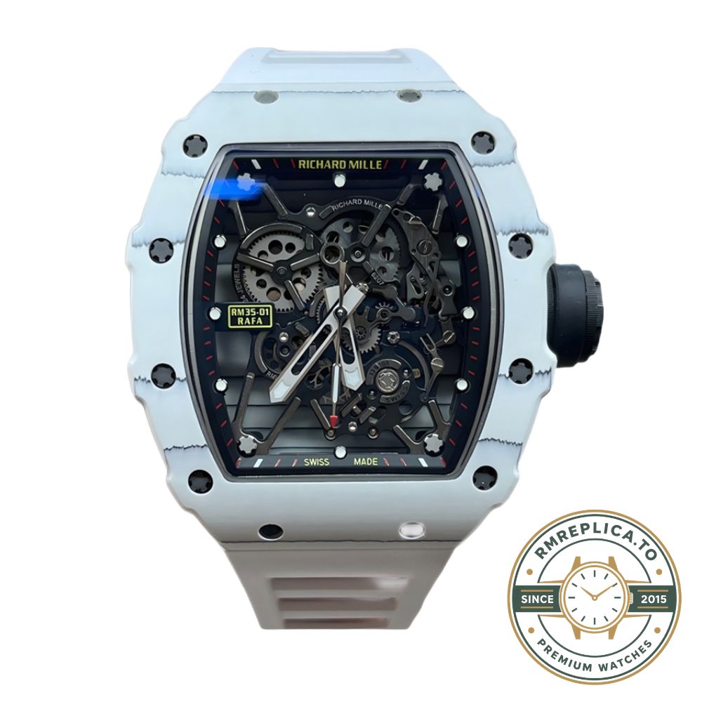 Best Richard Mille replica RM35-01 white carbon case black skeleton dial white rubber strap angled case side view – best richard mille replica