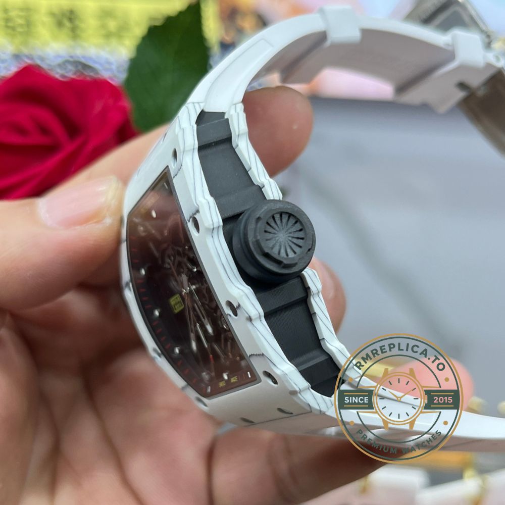 Richard Mille replicas RM35-01 white carbon case black skeleton dial white rubber strap crown side detail view – richard mille replicas