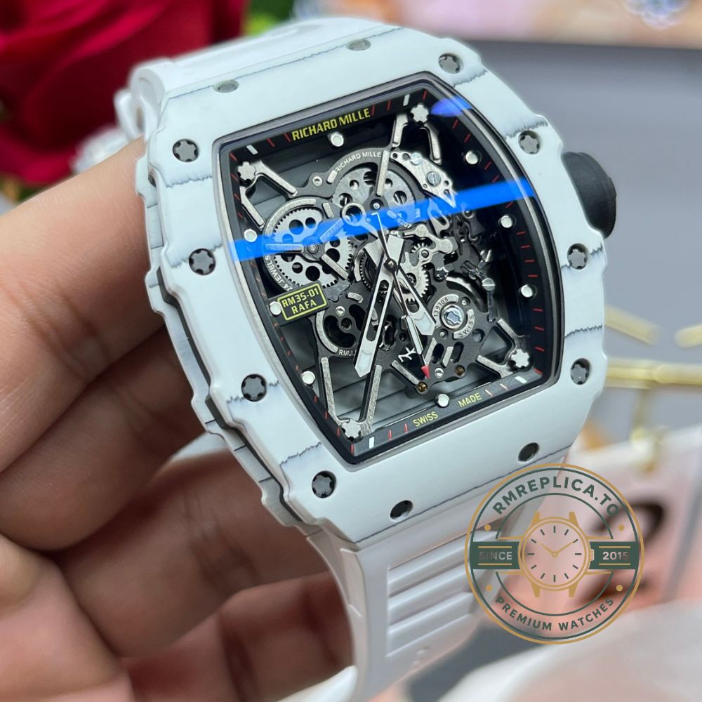 Imitation Richard Mille RM35-01 white carbon case black skeleton dial white rubber strap caseback detail view – imitation richard mille