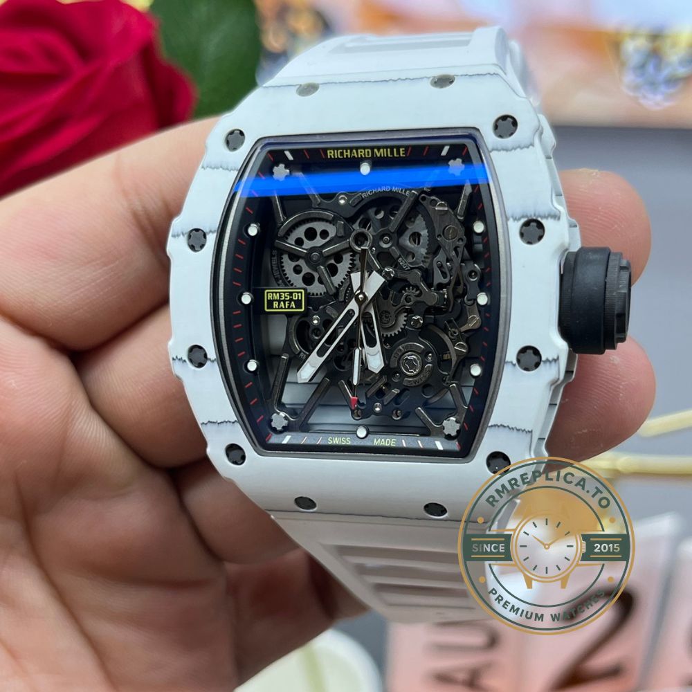 Richard Mille swiss replicas RM35-01 white carbon case black skeleton dial white rubber strap strap detail view – richard mille swiss replicas
