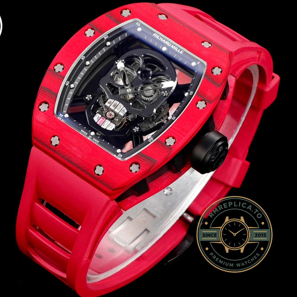 Richard Mille RM52-01 red case red rubber strap skull dial black background front view – richard mille super clone