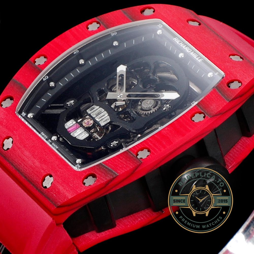 Richard Mille RM52-01 red case red rubber strap skull dial side detail view – replica richard mille watch