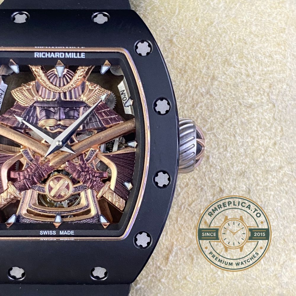 Best Swiss RM47 Black Samurai Tourbillon replica watch front view with black case and black strap – richard mille replica
