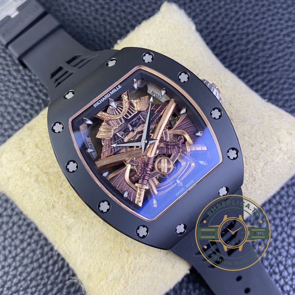 Replica Richard Mille watch RM47 Samurai Tourbillon black case front detail view luxury watch – replica richard mille watch