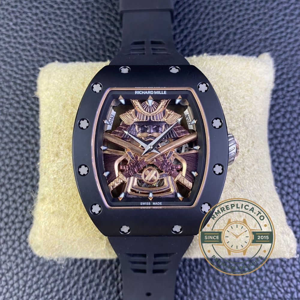 Richard Mille clone RM47 Samurai Collection black front view tourbillon skeleton luxury watch – richard mille clone