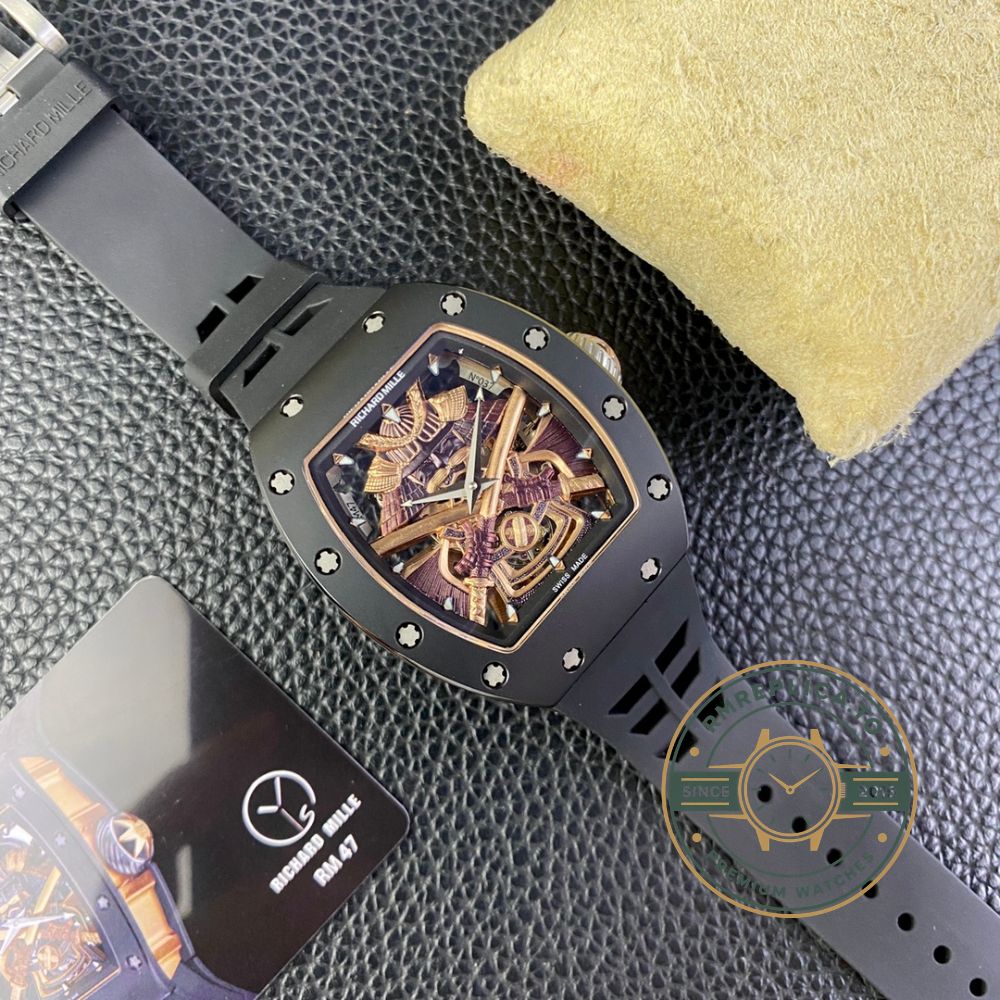 Best Richard Mille replica RM47 Samurai Collection black angled front view tourbillon skeleton watch detail – best richard mille replica