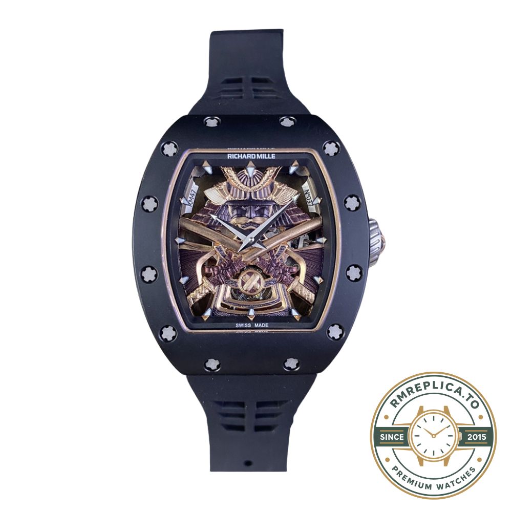 Richard Mille replicas RM47 Samurai Collection black angled front view tourbillon skeleton movement – richard mille replicas