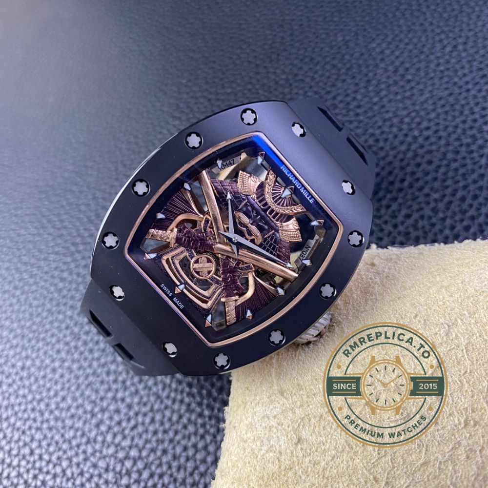 Imitation Richard Mille RM47 Samurai Collection black rubber strap folding clasp detail view – imitation richard mille