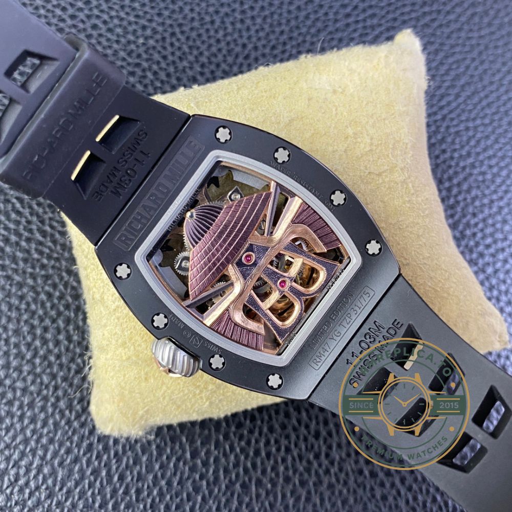 Richard Mille replica for sale RM47 Samurai Collection black dial tourbillon and crown close up detail view – richard mille replica for sale