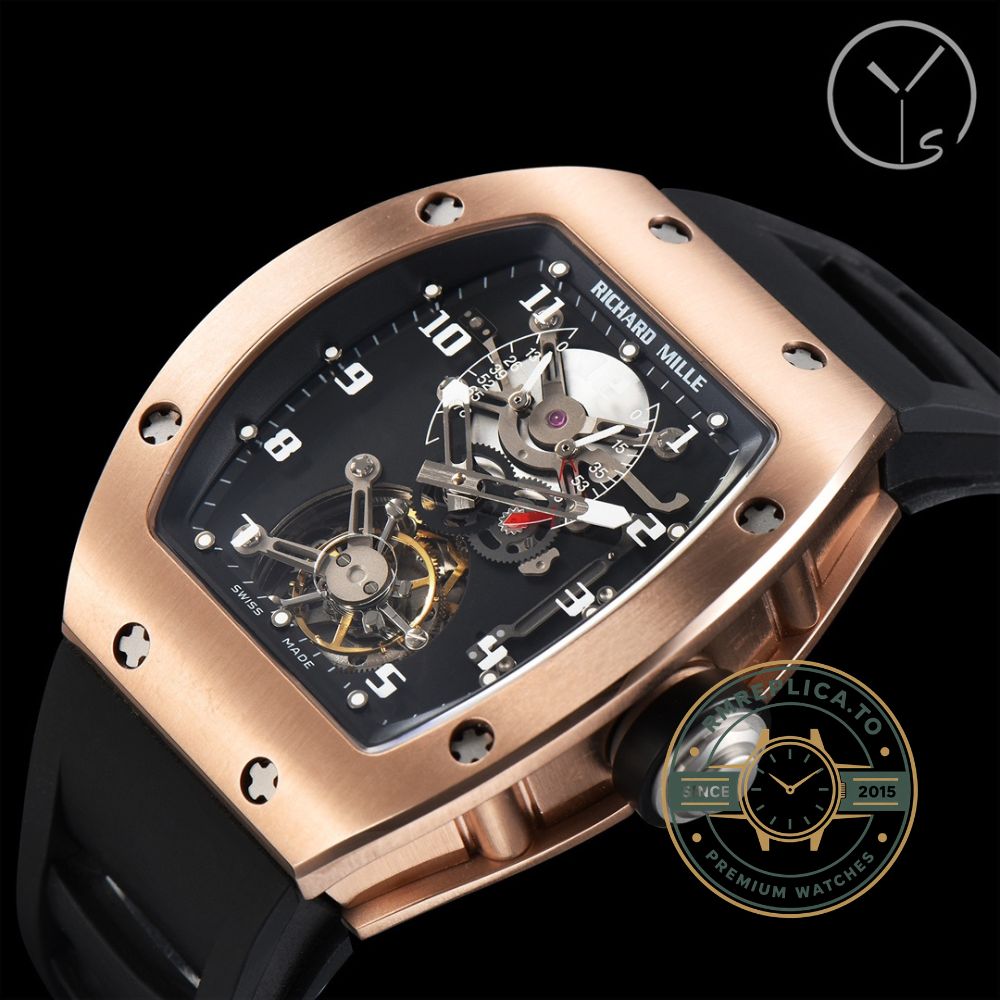 Richard Mille RM 002-V2 super clone angled view with rose gold plated case and skeleton dial – richard mille super clone