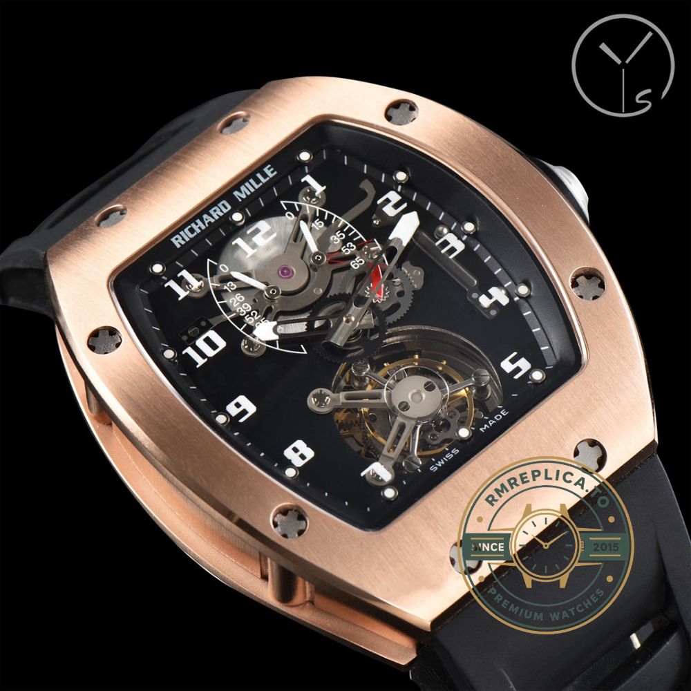 Imitation Richard Mille RM 002-V2 on wrist with skeleton dial and black rubber strap – imitation richard mille