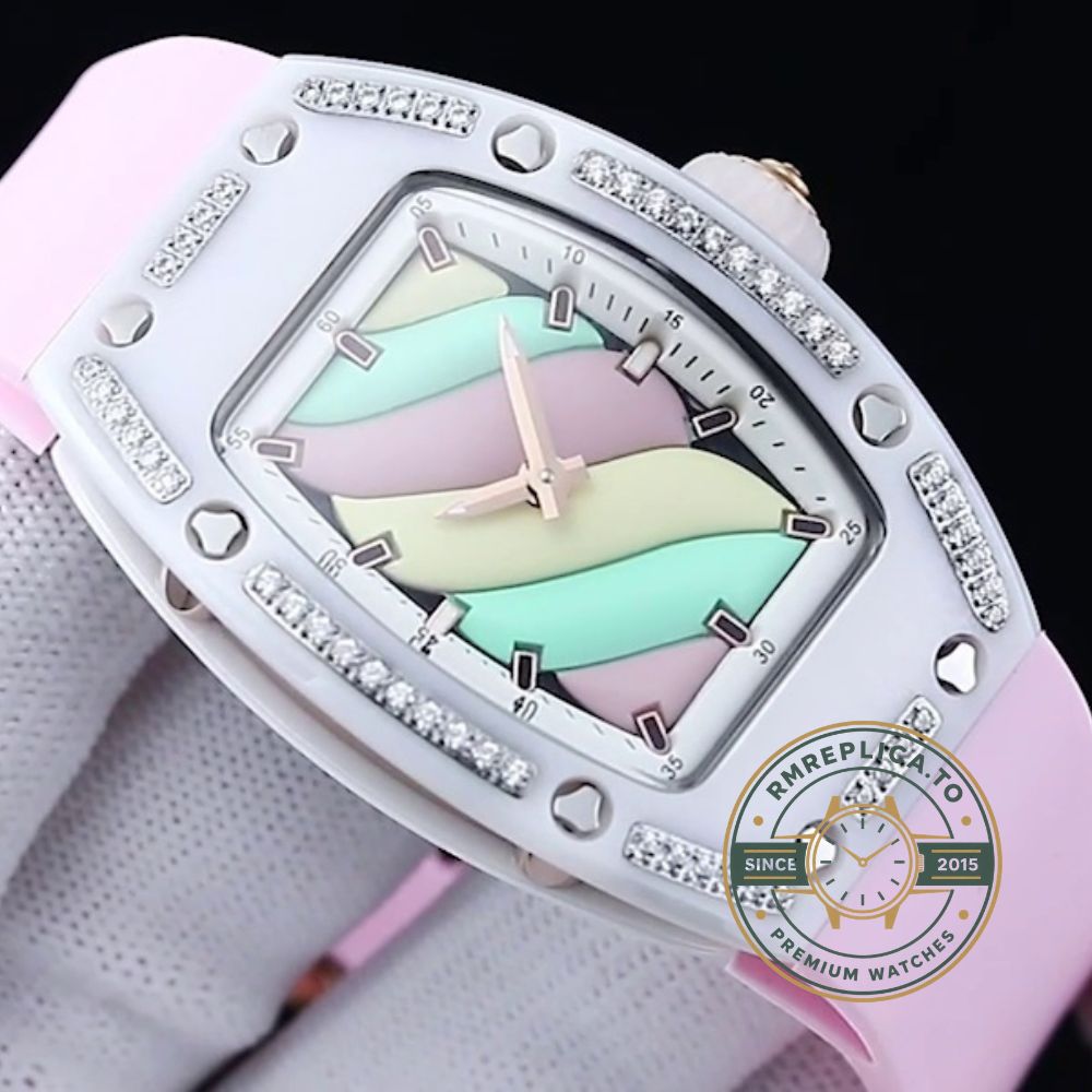 Swiss replica Richard Mille RM 07-01 Bonbon Collection Pink Marshmallow ladies watch with diamond ceramic case front view – richard mille replica