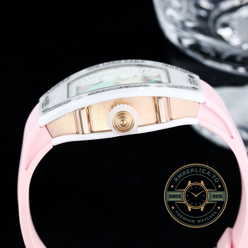 Richard Mille RM 07-01 Bonbon super clone angled view showing candy-striped dial and diamond-set ceramic bezel – richard mille super clone